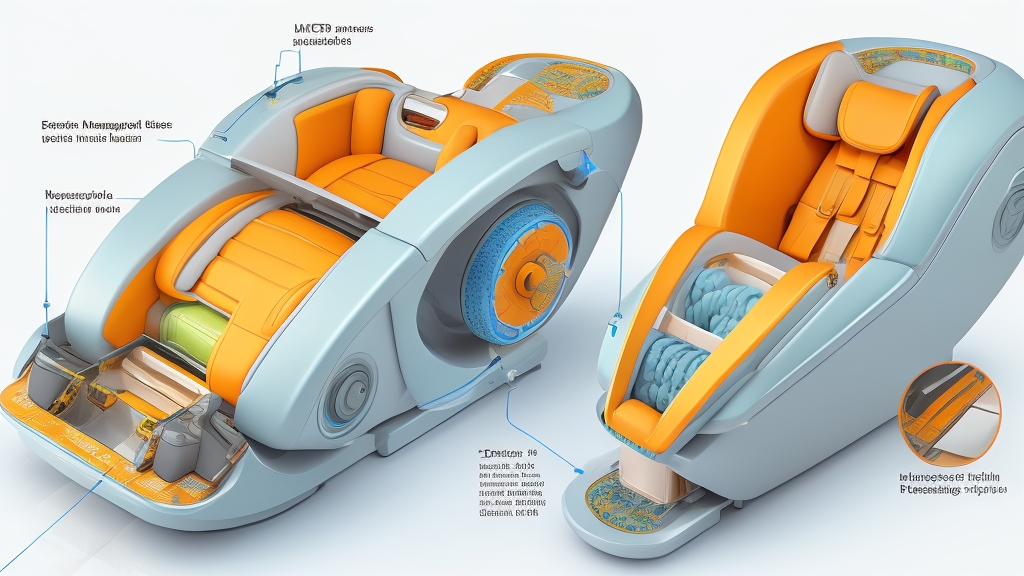 3D masszázsmechanizmus keresztmetszeti műszaki diagramja háromdimenziós mozgást mutató nyilakkal