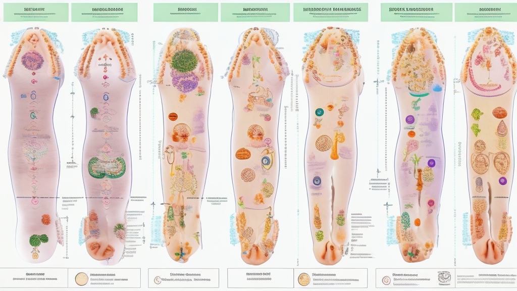 Összehasonlító táblázat három masszázstechnikával - shiatsu nyomáspontok test diagramon, svéd masszázs hosszú simító mozdulatok és reflexológiai lábfej térkép szerv megfelelésekkel