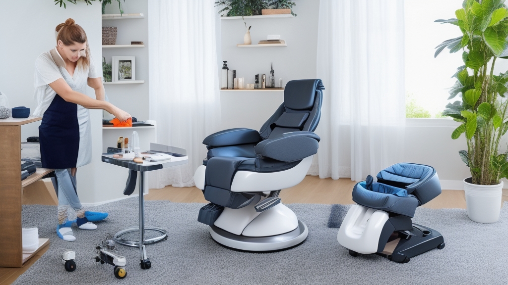 Masszázsfotel karbantartási jelenet tisztítószerekkel és gondozási demonstrációval