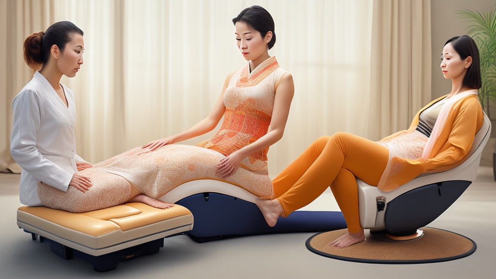 Hagyományos japán shiatsu masszázs modern masszázsfotelben nyomáspontok és meridián vonalak ábrázolásával zen környezetben