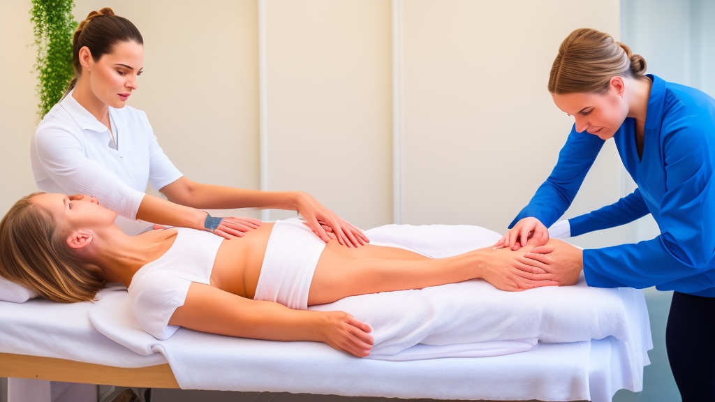 Professzionális svéd masszázs kezelés klasszikus hosszú simító technikákkal, masszőr bemutatja az effleurage és petrissage mozdulatokat modern spa kezelőszobában